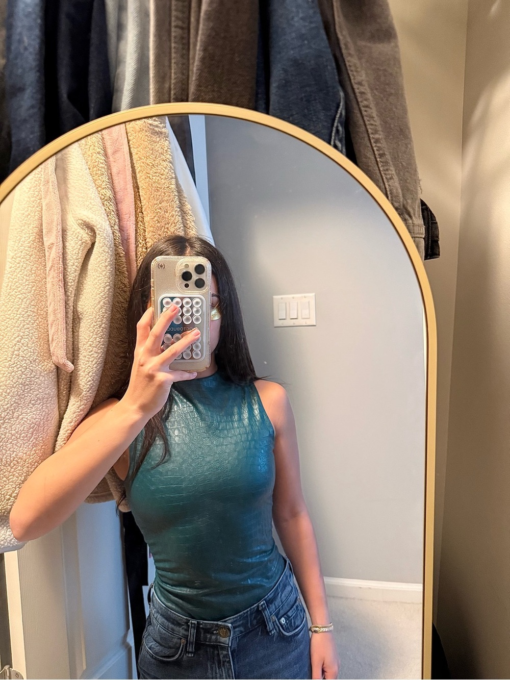 Naked Wardrobe Teal Croc-Embossed Mock Neck Bodysuit